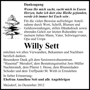 Traueranzeige von Willy Sett von Mitteldeutsche Zeitung Quedlinburg