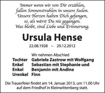 Traueranzeige von Ursula Hense von Mitteldeutsche Zeitung Jessen