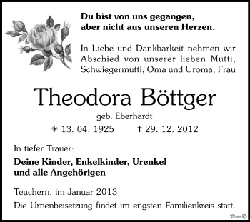 Traueranzeige von Theodora Böttger von Mitteldeutsche Zeitung Weißenfels