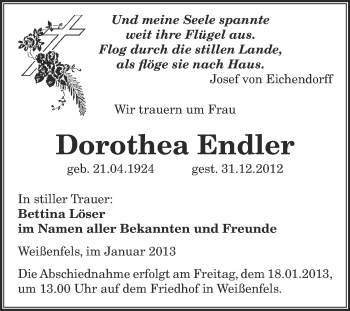 Traueranzeige von Dorothea Endler von Mitteldeutsche Zeitung Weißenfels