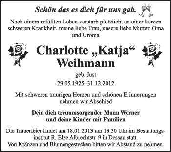 Traueranzeige von Charlotte Weihmann von Mitteldeutsche Zeitung Dessau-Roßlau
