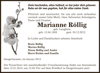 Traueranzeige von Marianne Röllig von Mitteldeutsche Zeitung Sangerhausen