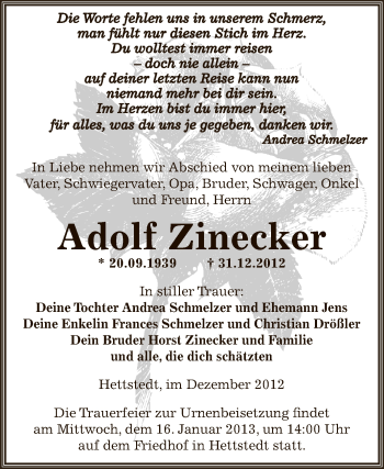 Traueranzeige von Adolf Zinecker von Mitteldeutsche Zeitung Mansfelder Land