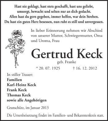 Traueranzeige von Gertrud Keck von Mitteldeutsche Zeitung Weißenfels