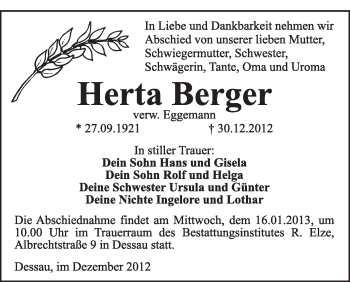 Traueranzeige von Herta Berger von Mitteldeutsche Zeitung Dessau-Roßlau