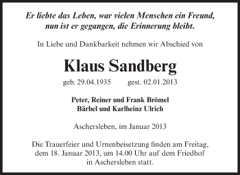 Traueranzeige von Klaus Sandberg von Mitteldeutsche Zeitung Aschersleben