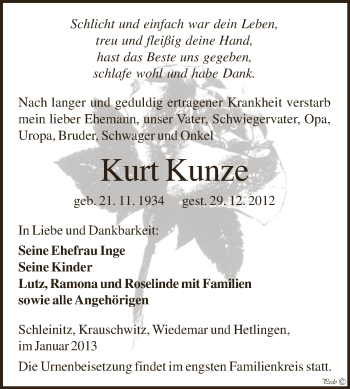 Traueranzeige von Kurt Kunze von Mitteldeutsche Zeitung Zeitz