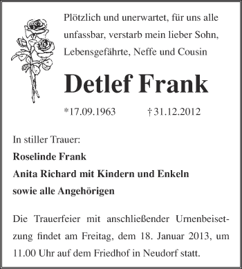Traueranzeige von Detlef Frank von Mitteldeutsche Zeitung Quedlinburg