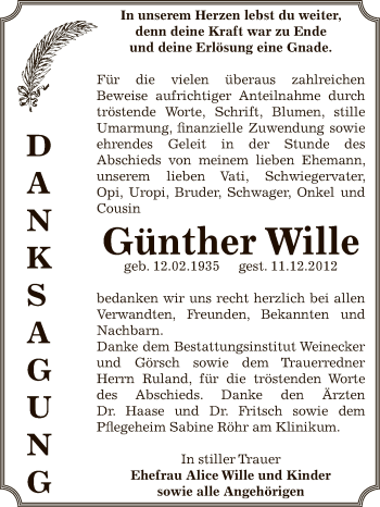 Traueranzeige von Günther Wille von Mitteldeutsche Zeitung Bernburg
