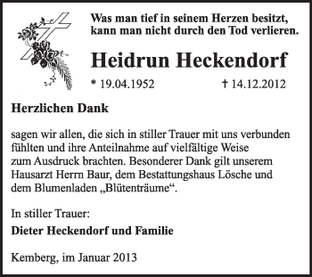 Traueranzeige von Heidrum Heckendorf von Mitteldeutsche Zeitung Jessen