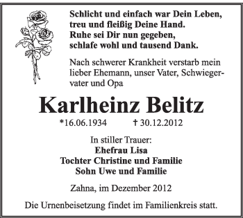 Traueranzeige von Karlheinz Belitz von Mitteldeutsche Zeitung Jessen