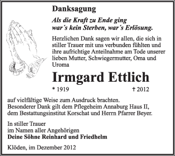 Traueranzeige von Irmgard Ettlich von Mitteldeutsche Zeitung Jessen