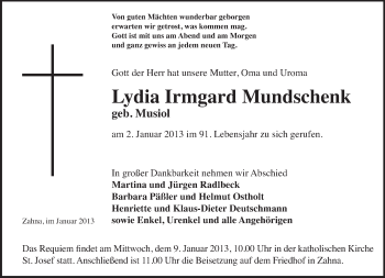 Traueranzeige von Lydia Irmgard Mundschenk von Mitteldeutsche Zeitung Jessen