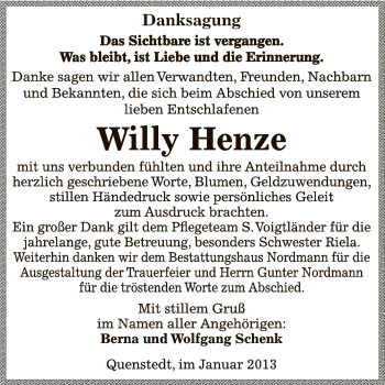 Traueranzeige von Willy Henze von Mitteldeutsche Zeitung Mansfelder Land