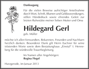 Traueranzeige von Hildegard Gerl von Mitteldeutsche Zeitung Quedlinburg