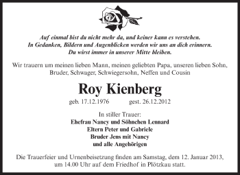 Traueranzeige von Roy Kienberg von Mitteldeutsche Zeitung Bernburg
