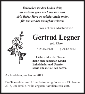 Traueranzeige von Gertrud Legner von Mitteldeutsche Zeitung Aschersleben