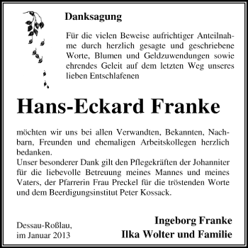 Traueranzeige von Hans-Eckard Franke von Mitteldeutsche Zeitung Dessau-Roßlau