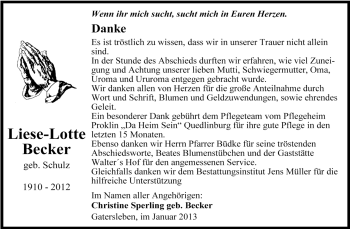 Traueranzeige von Liese-Lotte Becker von Mitteldeutsche Zeitung Aschersleben