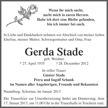 Traueranzeige von Gerda Stade von Mitteldeutsche Zeitung Weißenfels