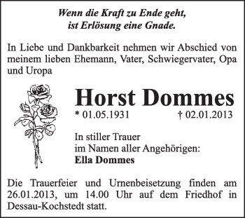 Traueranzeige von Horst Dommes von Mitteldeutsche Zeitung Dessau-Roßlau