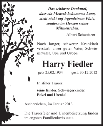 Traueranzeige von Harry Fiedler von Mitteldeutsche Zeitung Aschersleben