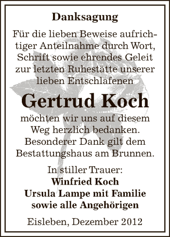 Traueranzeige von Gertrud Koch von Mitteldeutsche Zeitung Mansfelder Land