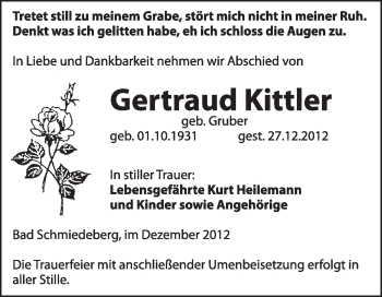 Traueranzeige von Gertraud Kittler von Mitteldeutsche Zeitung Jessen