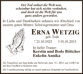 Traueranzeige von Erna Wetzig von Mitteldeutsche Zeitung Bernburg