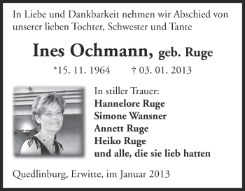 Traueranzeige von Ines Ochmann von Mitteldeutsche Zeitung Quedlinburg