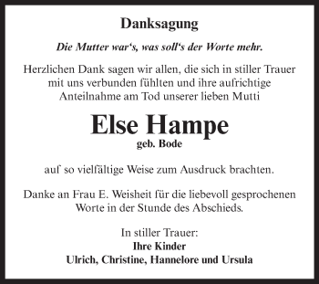 Traueranzeige von Else Hampe von Mitteldeutsche Zeitung Aschersleben