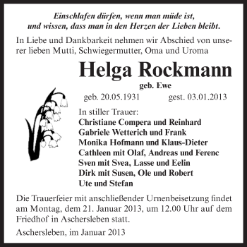 Traueranzeige von Helga Rockmann von Mitteldeutsche Zeitung Aschersleben