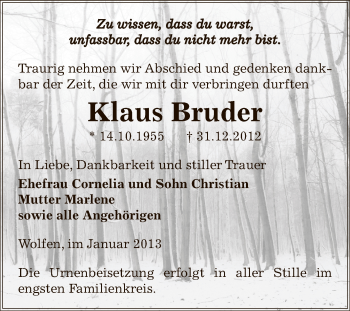 Traueranzeige von Klaus Bruder von Mitteldeutsche Zeitung Bitterfeld