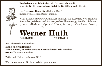 Traueranzeige von Werner Huth von Mitteldeutsche Zeitung Zeitz