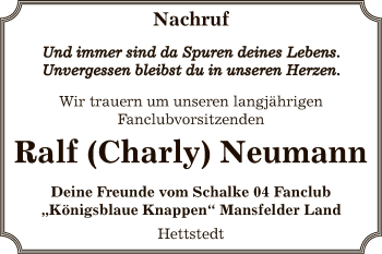 Traueranzeige von Ralf Neumann von Mitteldeutsche Zeitung Mansfelder Land