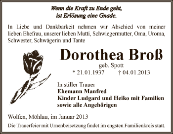 Traueranzeige von Dorothea Broß von Mitteldeutsche Zeitung Bitterfeld