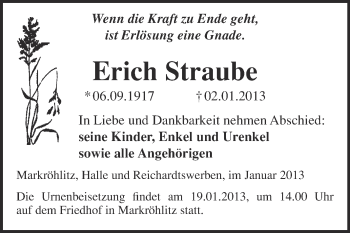 Traueranzeige von Erich Straube von Mitteldeutsche Zeitung Weißenfels