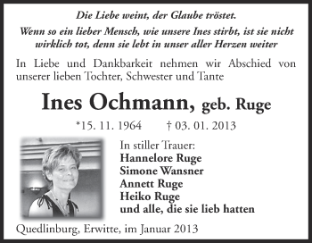 Traueranzeige von Ines Ochmann von Mitteldeutsche Zeitung Quedlinburg