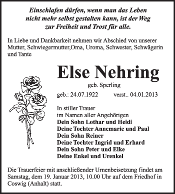 Traueranzeige von Else Nehring von Mitteldeutsche Zeitung Jessen