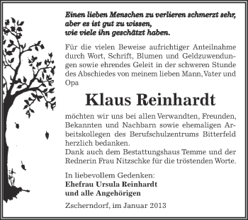 Traueranzeige von Klaus Reinhardt von Mitteldeutsche Zeitung Bitterfeld
