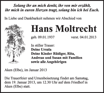 Traueranzeige von Hans Moltrecht von Mitteldeutsche Zeitung Köthen