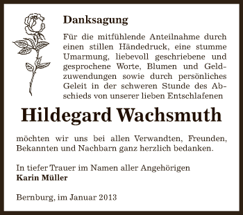 Traueranzeige von Hildegard Wachsmuth von Mitteldeutsche Zeitung Bernburg