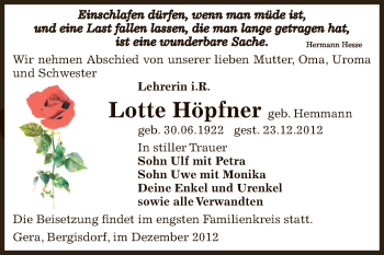 Traueranzeige von Lotte Höpfner von Mitteldeutsche Zeitung Zeitz