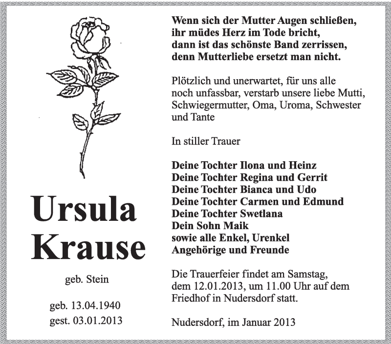  Traueranzeige für Ursula Krause vom 09.01.2013 aus Mitteldeutsche Zeitung Wittenberg