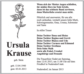 Traueranzeige von Ursula Krause von Mitteldeutsche Zeitung Wittenberg