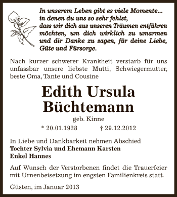 Traueranzeige von Edith Ursula Büchtemann von Mitteldeutsche Zeitung Bernburg