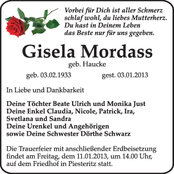 Traueranzeige von Gisela Mordass von Mitteldeutsche Zeitung Wittenberg