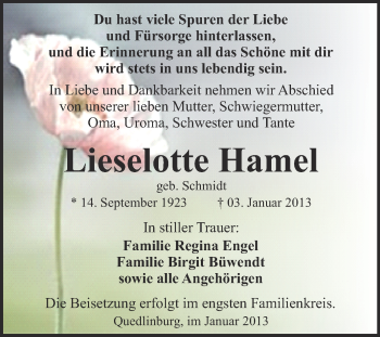 Traueranzeige von Lieselotte Hamel von Mitteldeutsche Zeitung Quedlinburg
