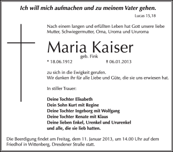 Traueranzeige von Maria Kaiser von Mitteldeutsche Zeitung Wittenberg