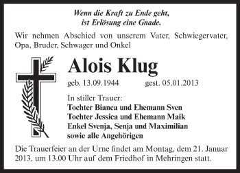 Traueranzeige von Alois Klug von Mitteldeutsche Zeitung Aschersleben